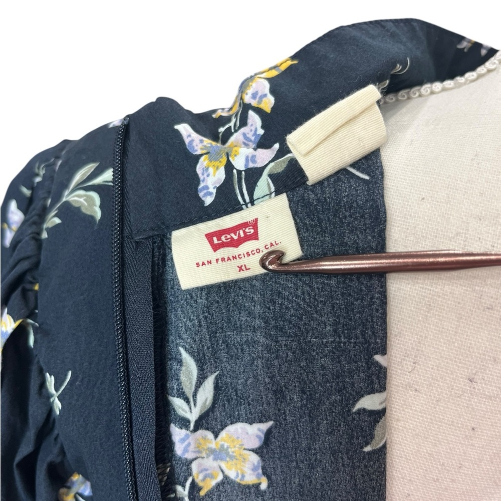 Levi’s Navy Floral Puff Sleeve Blouse XL High Neck Cotton Back Zip Top - Picture 6 of 11